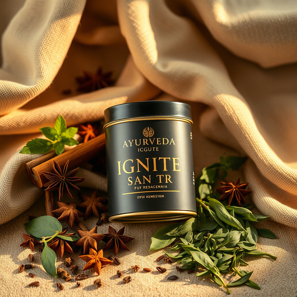 Ayurveda Ignite packaging with spices and herbs