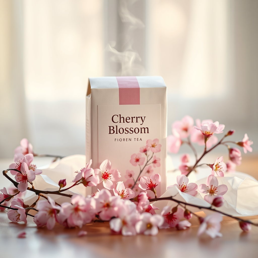 Cherry Blossom tea packaging with petals