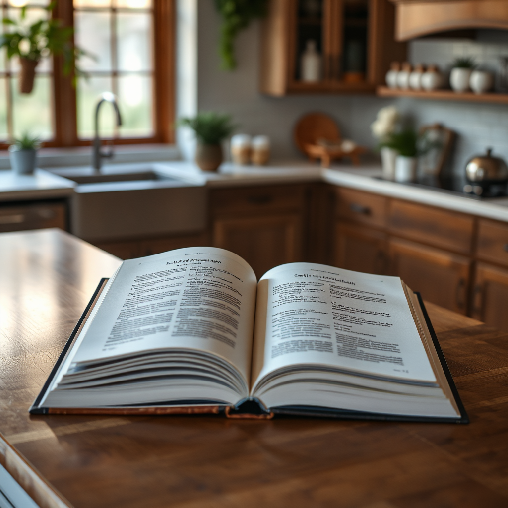 Open cookbook on kitchen island