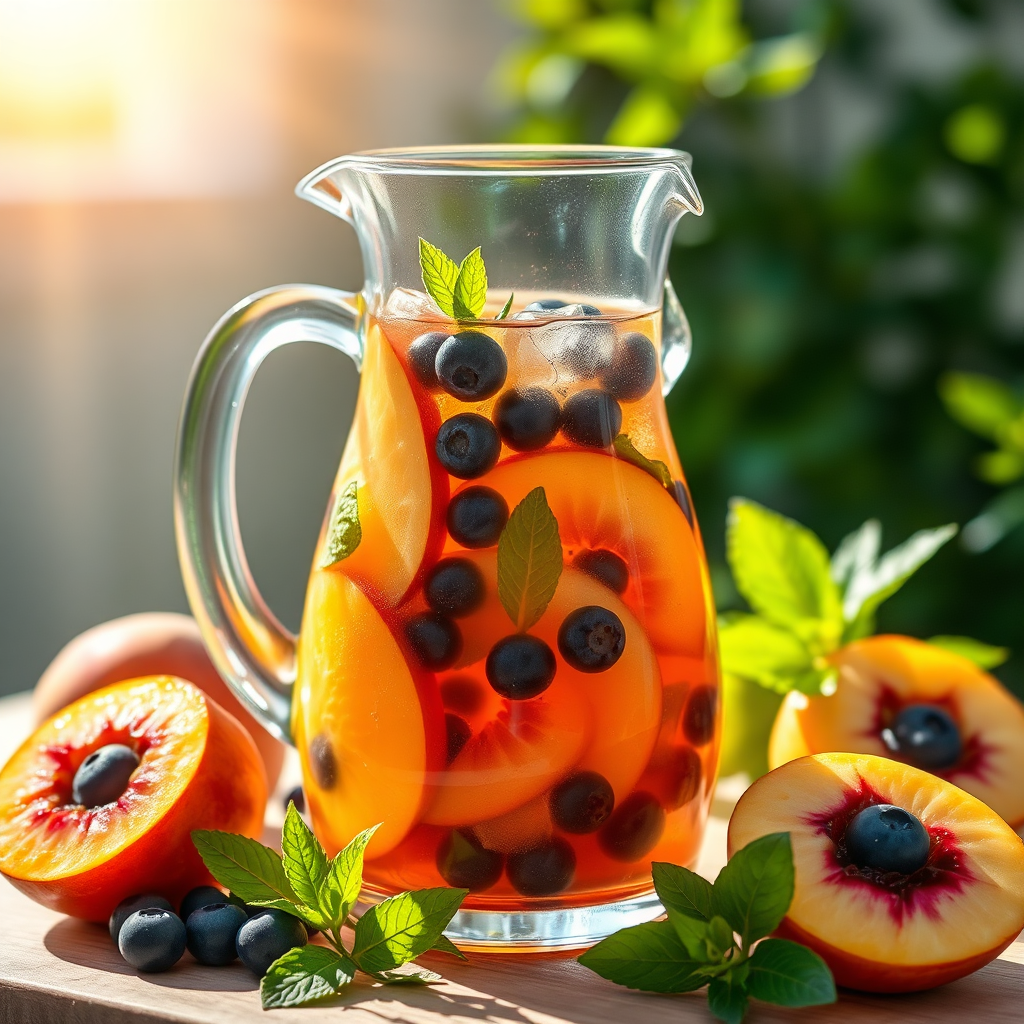 Iced fruit tea in glass pitcher