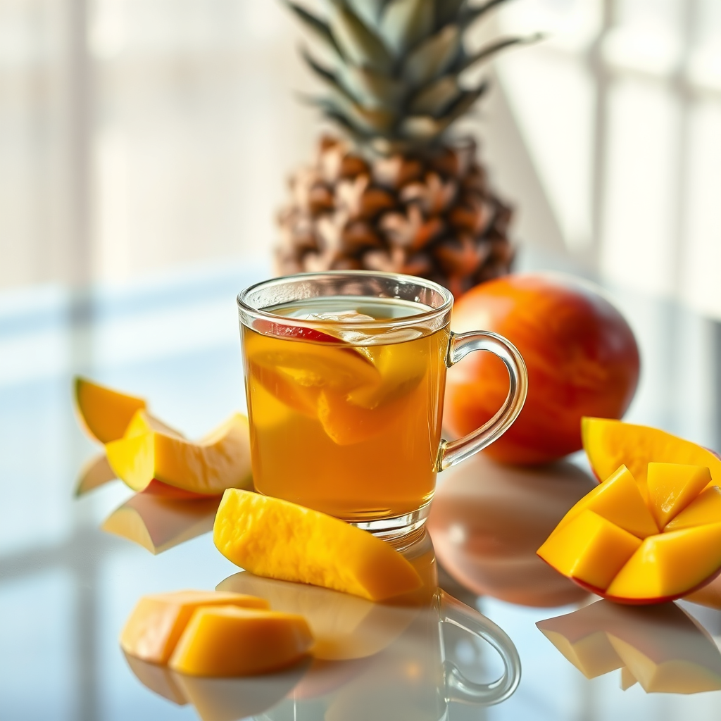 Glowing mango slices and tropical fruits
