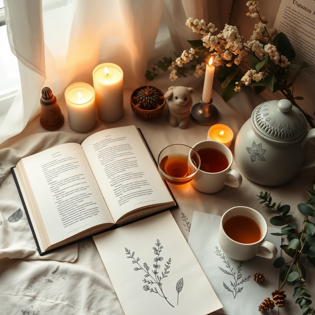Open ritual journal with tea and candles