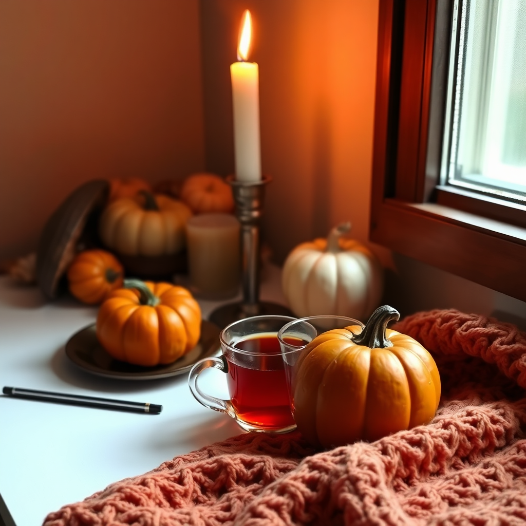 Candlelit autumn tea desk with pumpkin and cozy blanket