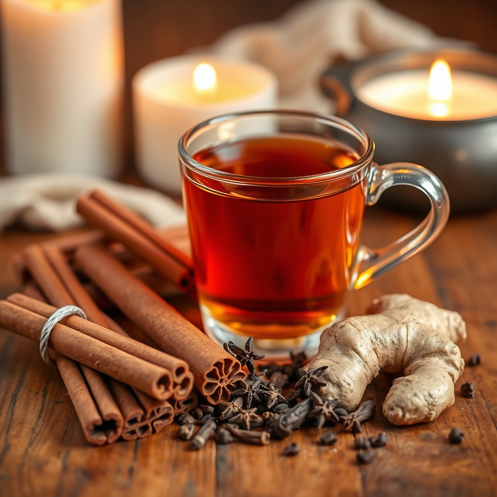 Cinnamon, cardamom and ginger on warm wood