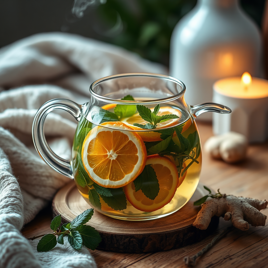 Intro visual: peppermint citrus breeze ingredients and cozy spa scene