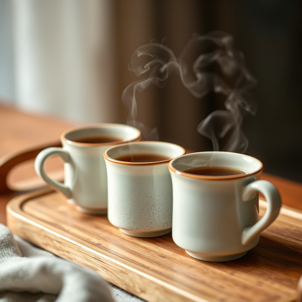 Ceramic tea mugs on a wooden tray
