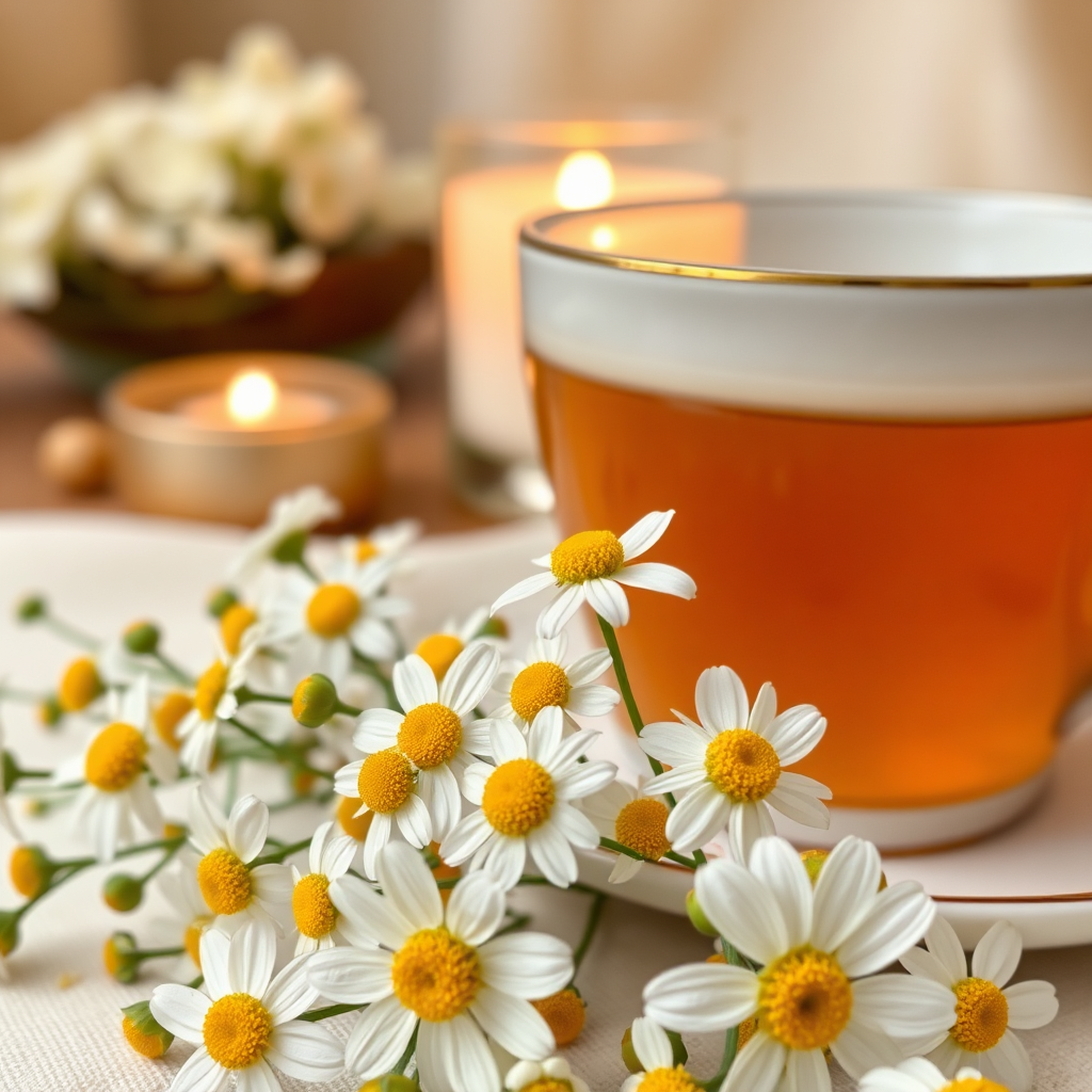 Chamomile flowers in a tea setting