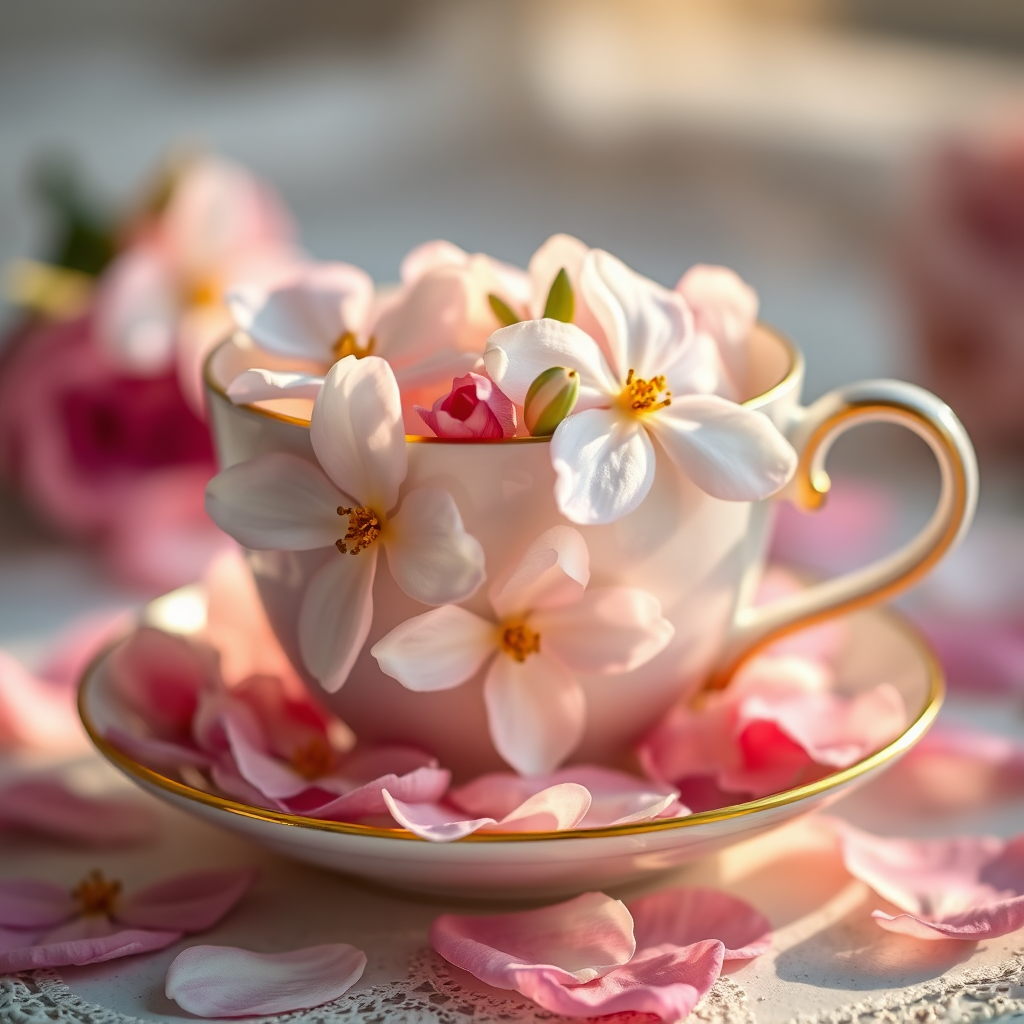 Jasmine and rose petals with teacup