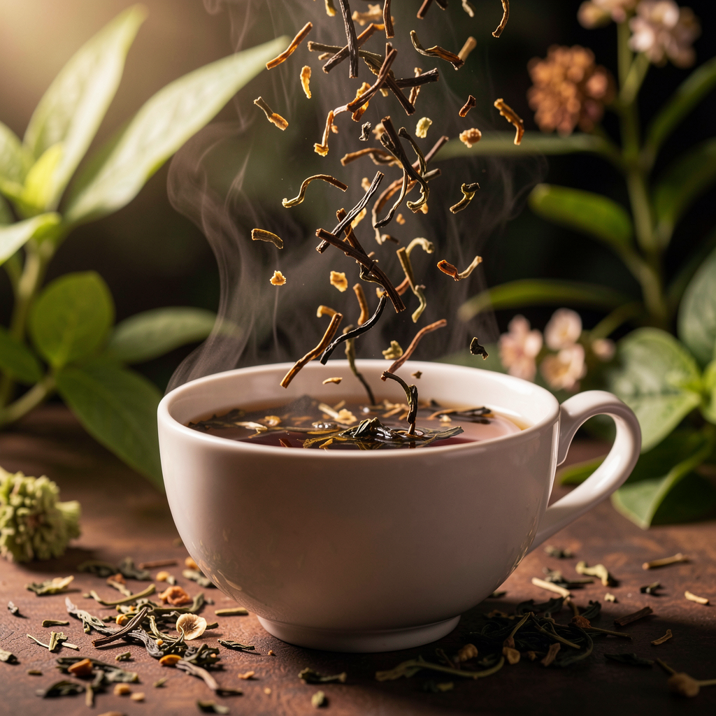 Loose tea leaves transforming into a cup of tea