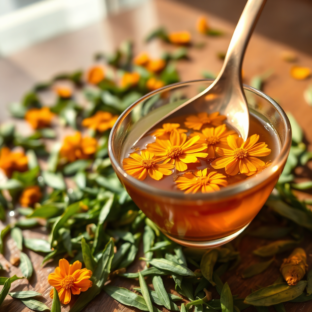 Floral marigold accents in tea