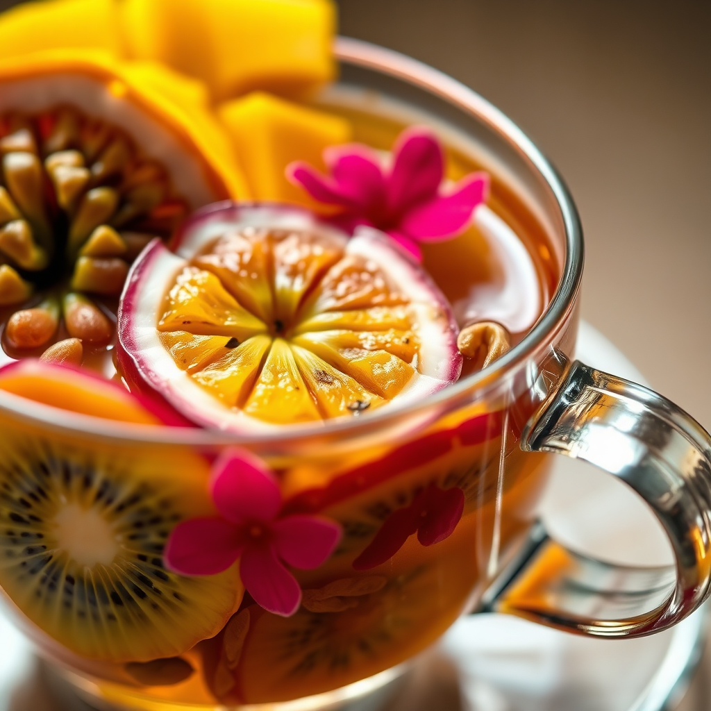 Passion fruit, mango, kiwi, hibiscus, and white tea leaves