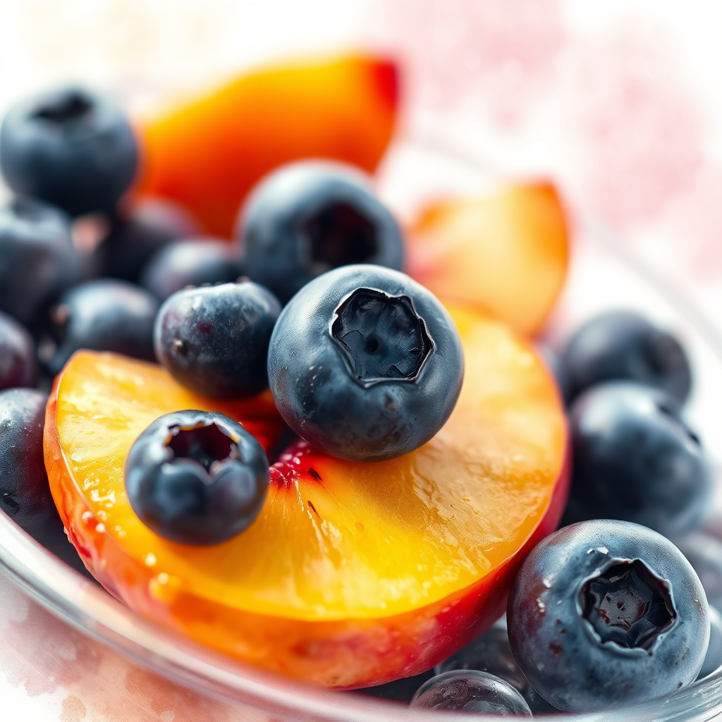 Ripe blueberries and peach slices