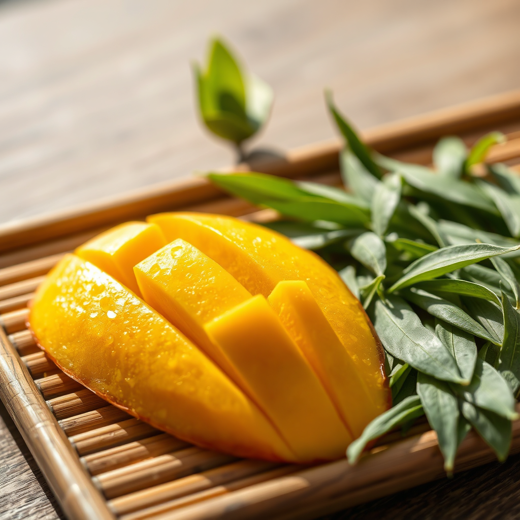 Ripe mango slices with green tea leaves