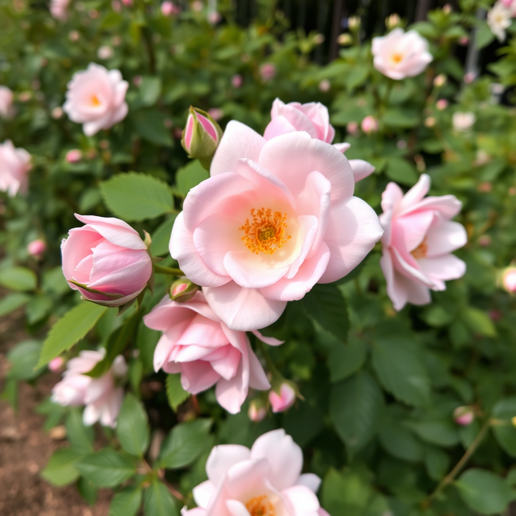 Rosa canina plant with pink flowers