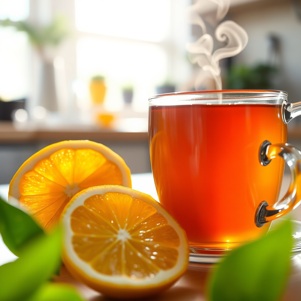 Close-up citrus slices and ginger with a glass cup of tea