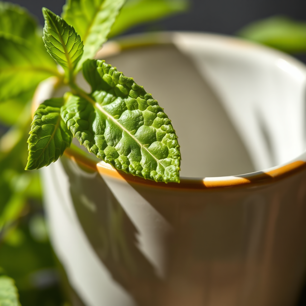 Yerba leaves and ceramic cup close-up