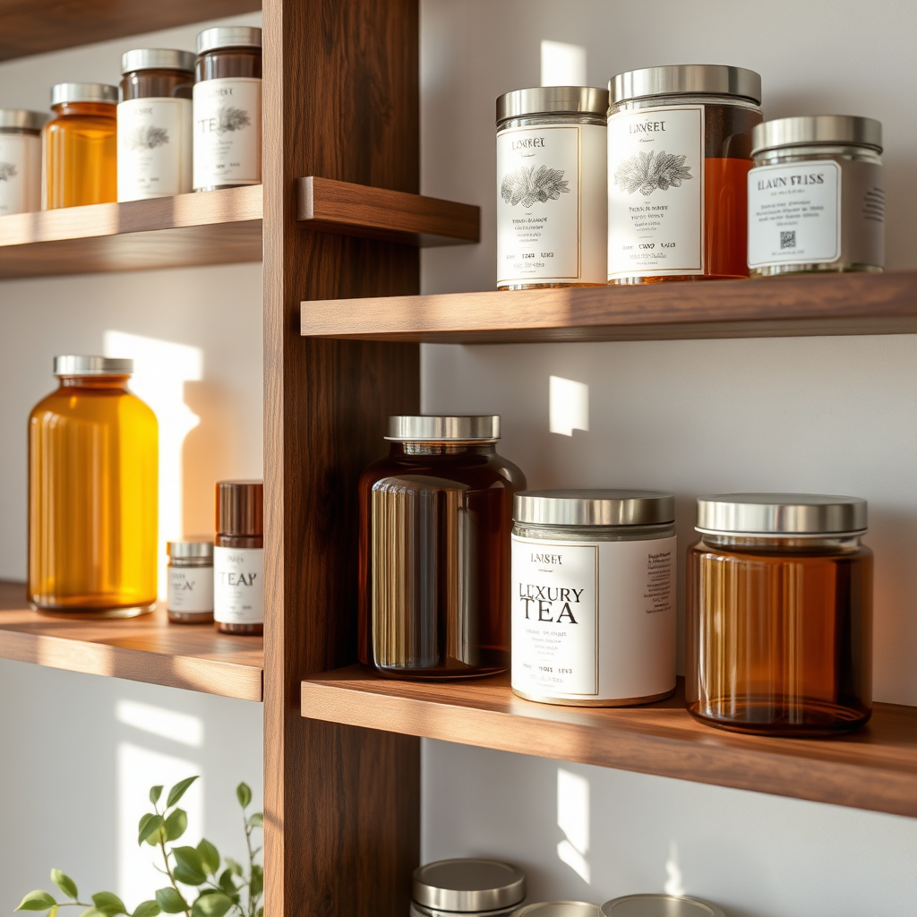 Close-up of premium tea storage jars and tins