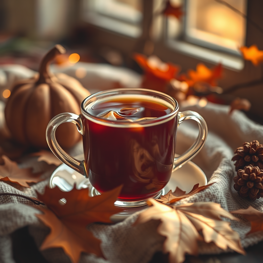 Cozy autumn tea moment with warm rustic textures