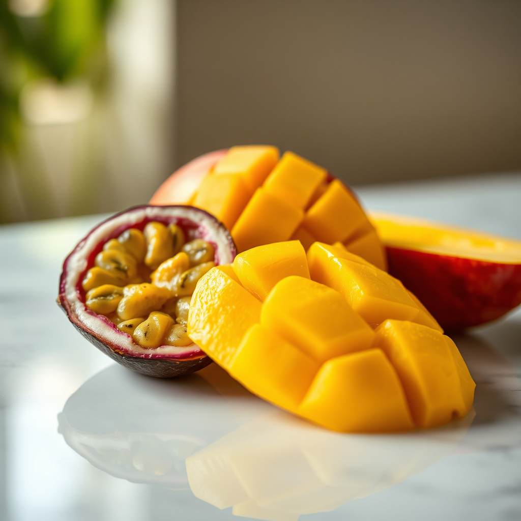 Passion fruit and mango halves