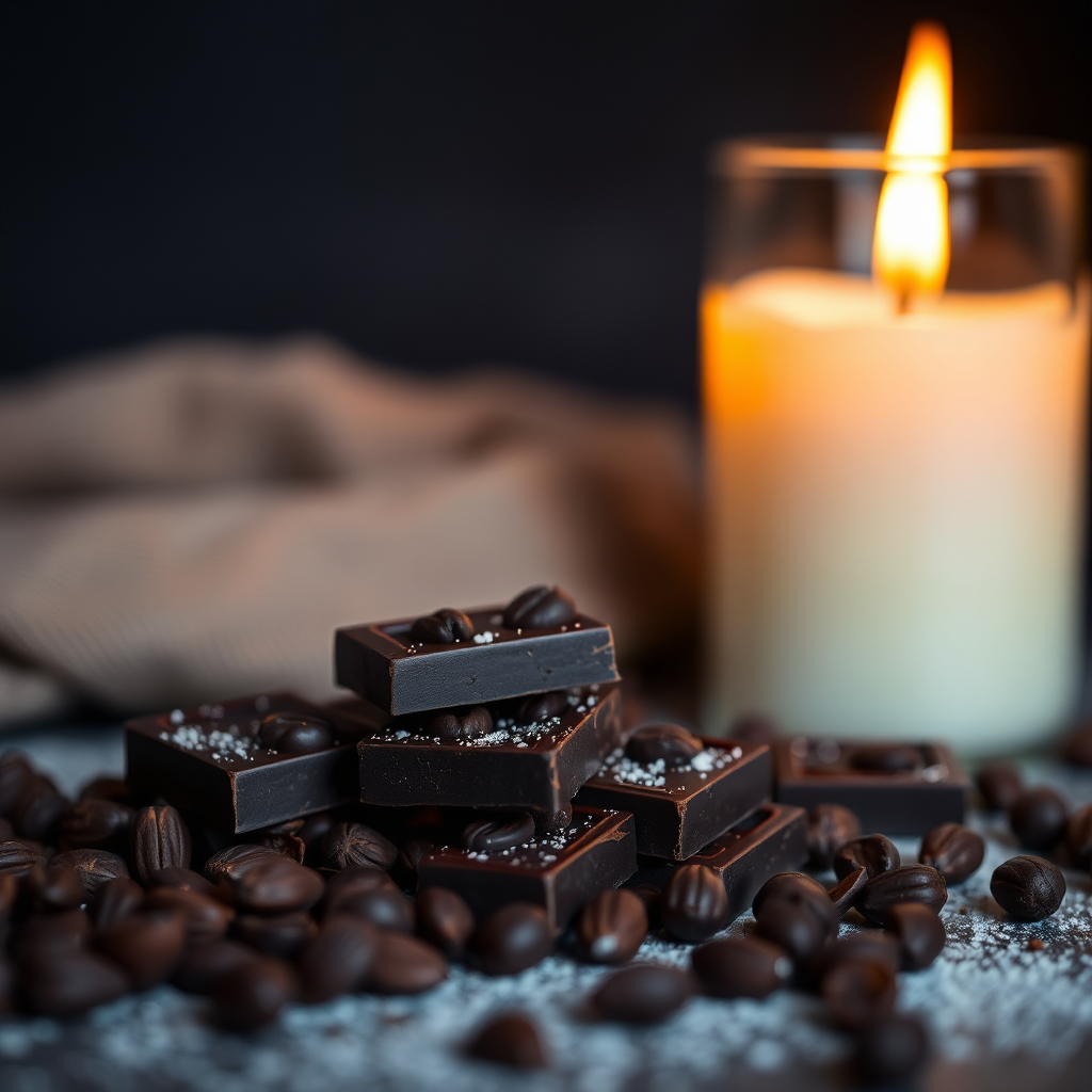 Dark chocolate chips on velvet fabric