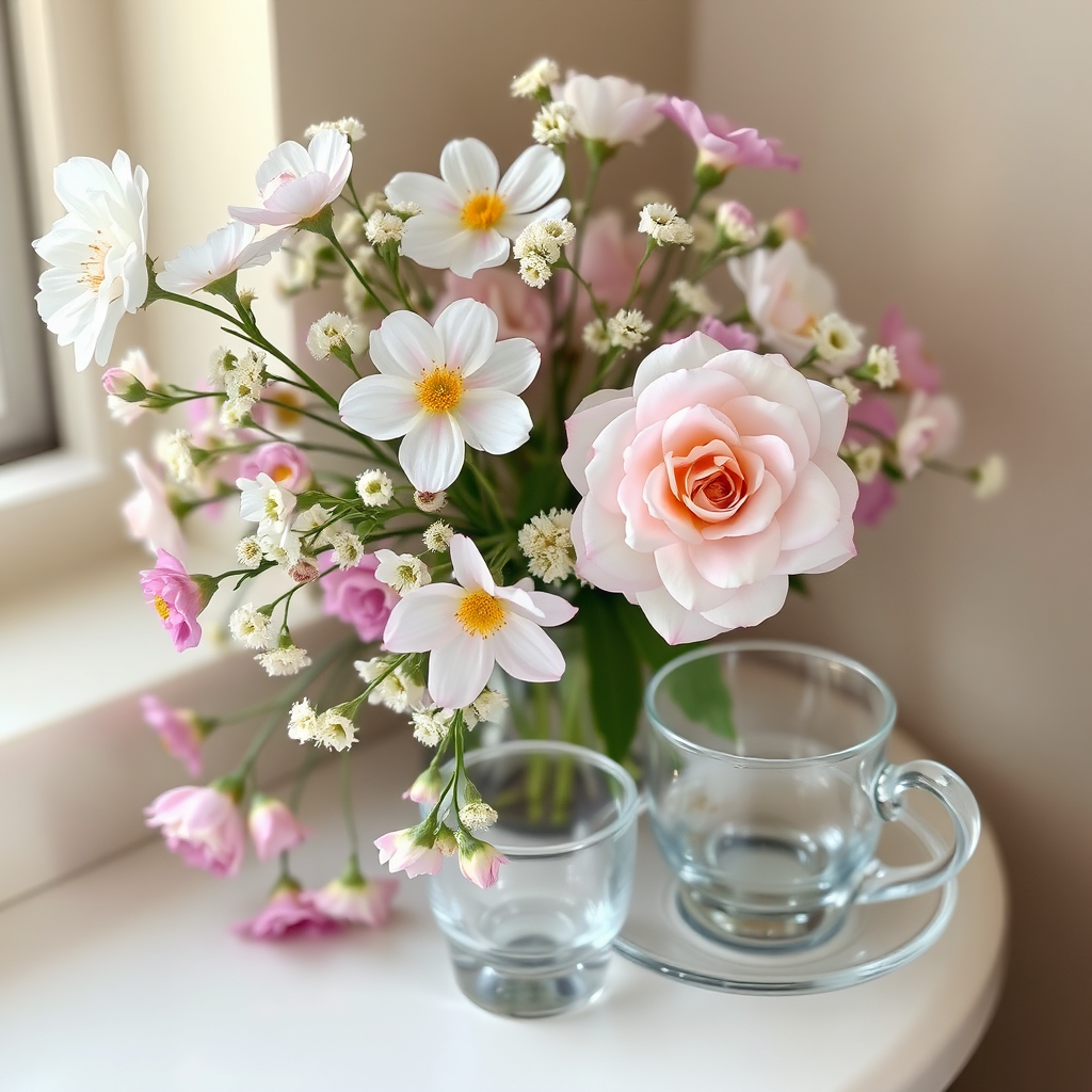 Floral arrangement with tea