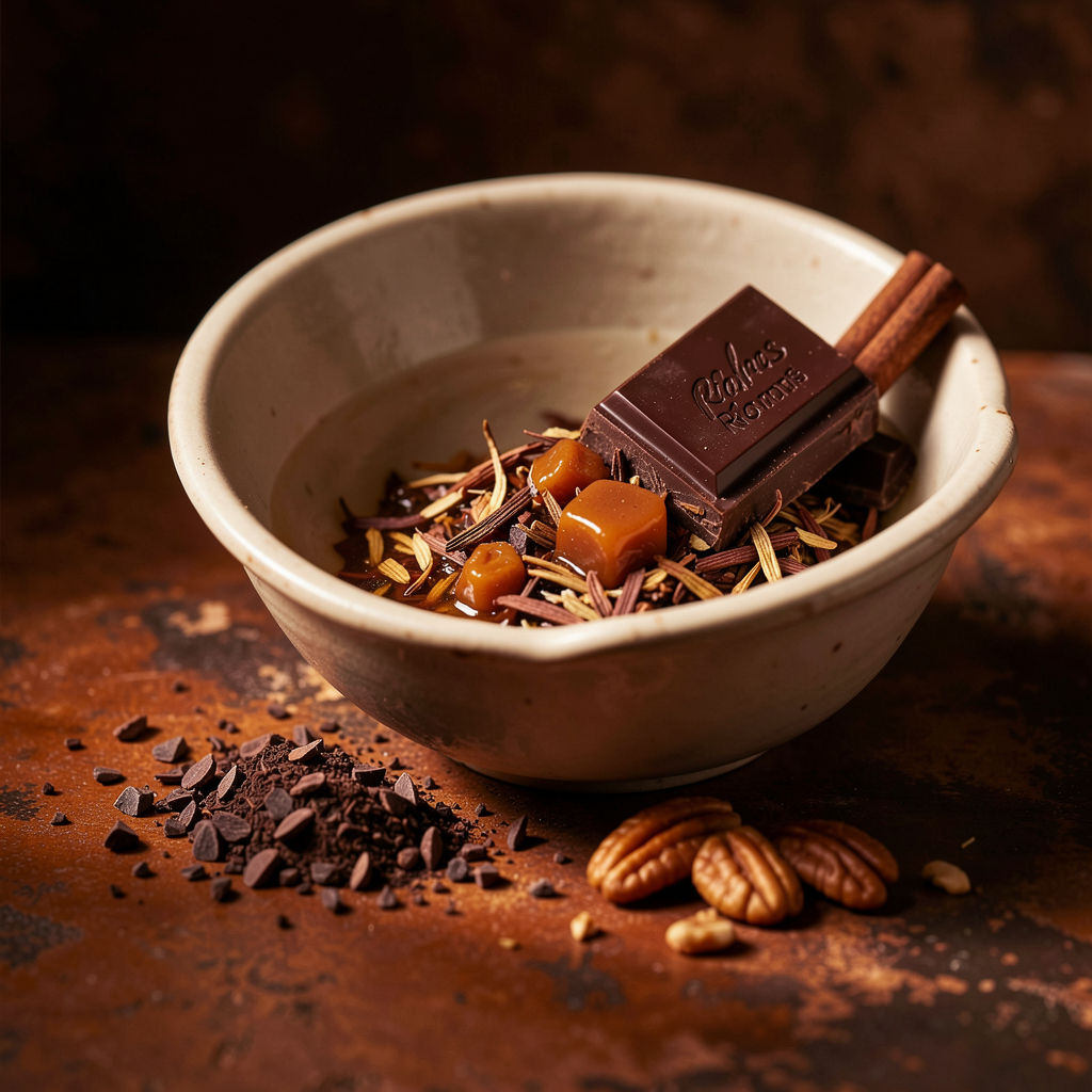 Luxurious composition with rooibos, dark chocolate, and caramel