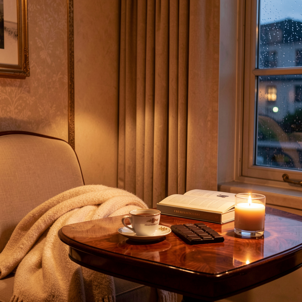 Evening tea ritual in warm, luxurious interior