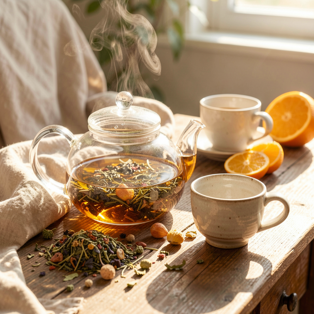 Morning reset tea setup with sunlight