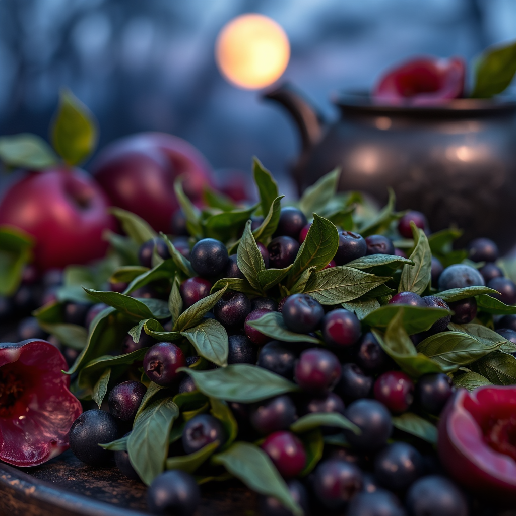 Sencha leaves and elderberries in moonlit setting