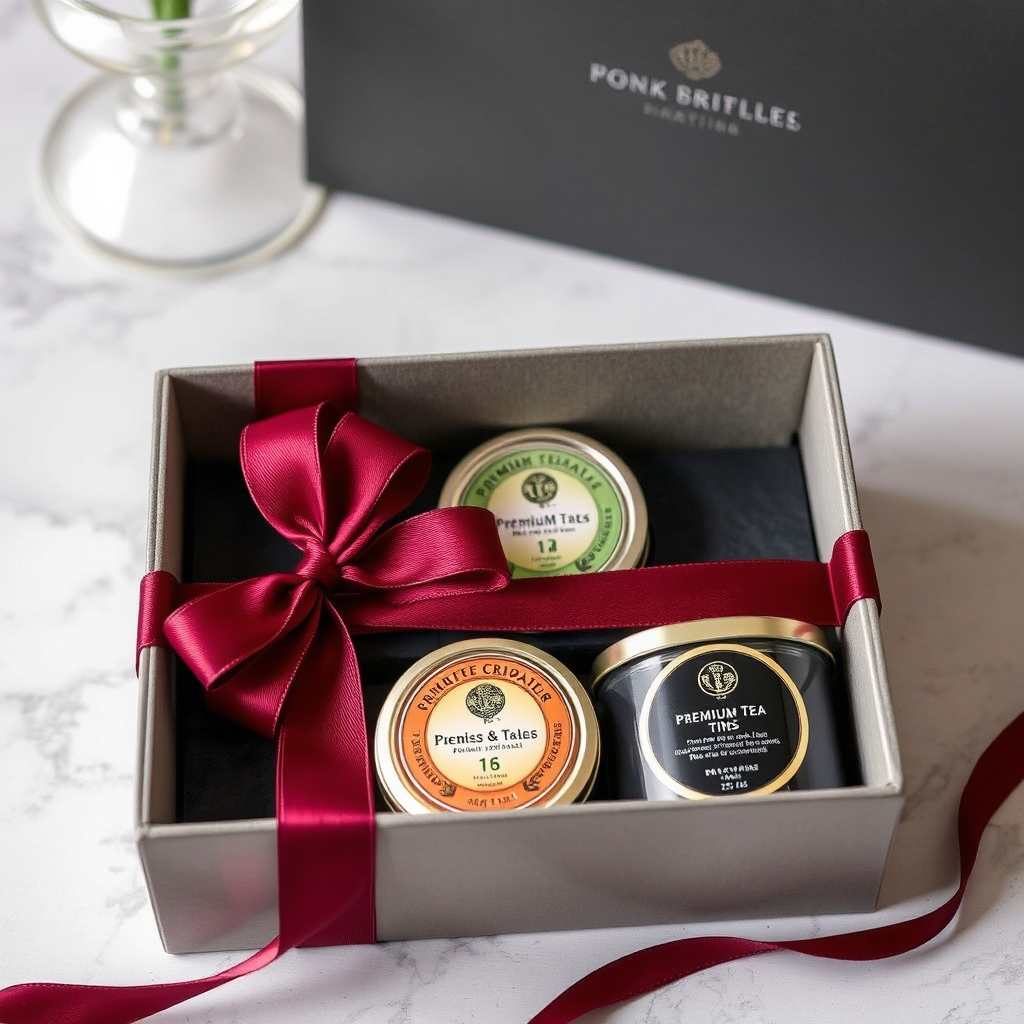 Gift box with burgundy ribbon