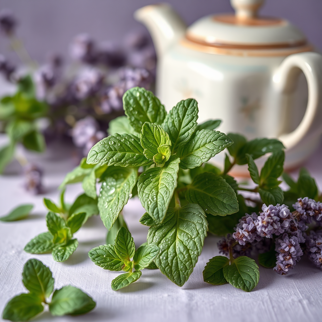 Peppermint leaves in a calm tea setting