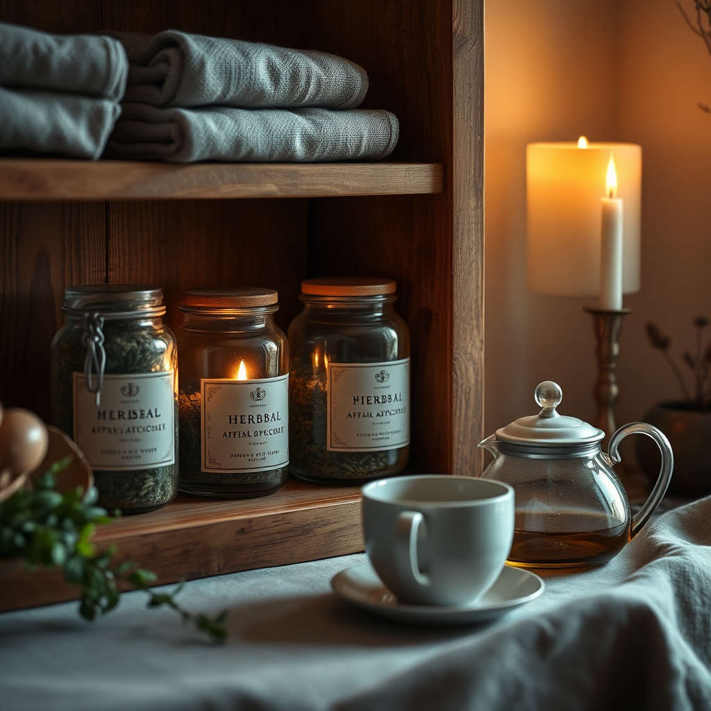 Herbal apothecary jars and slow tea scene