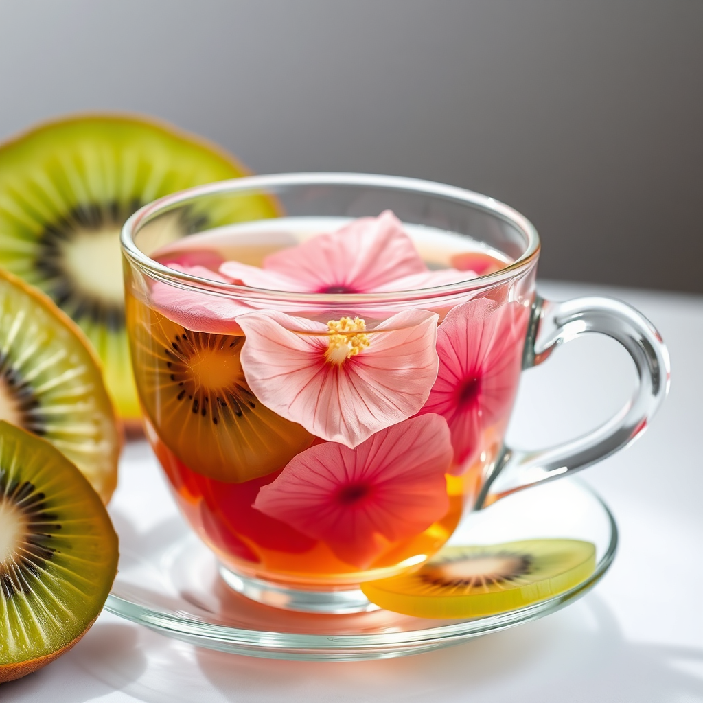 Kiwi textures and hibiscus petals in a glass teacup