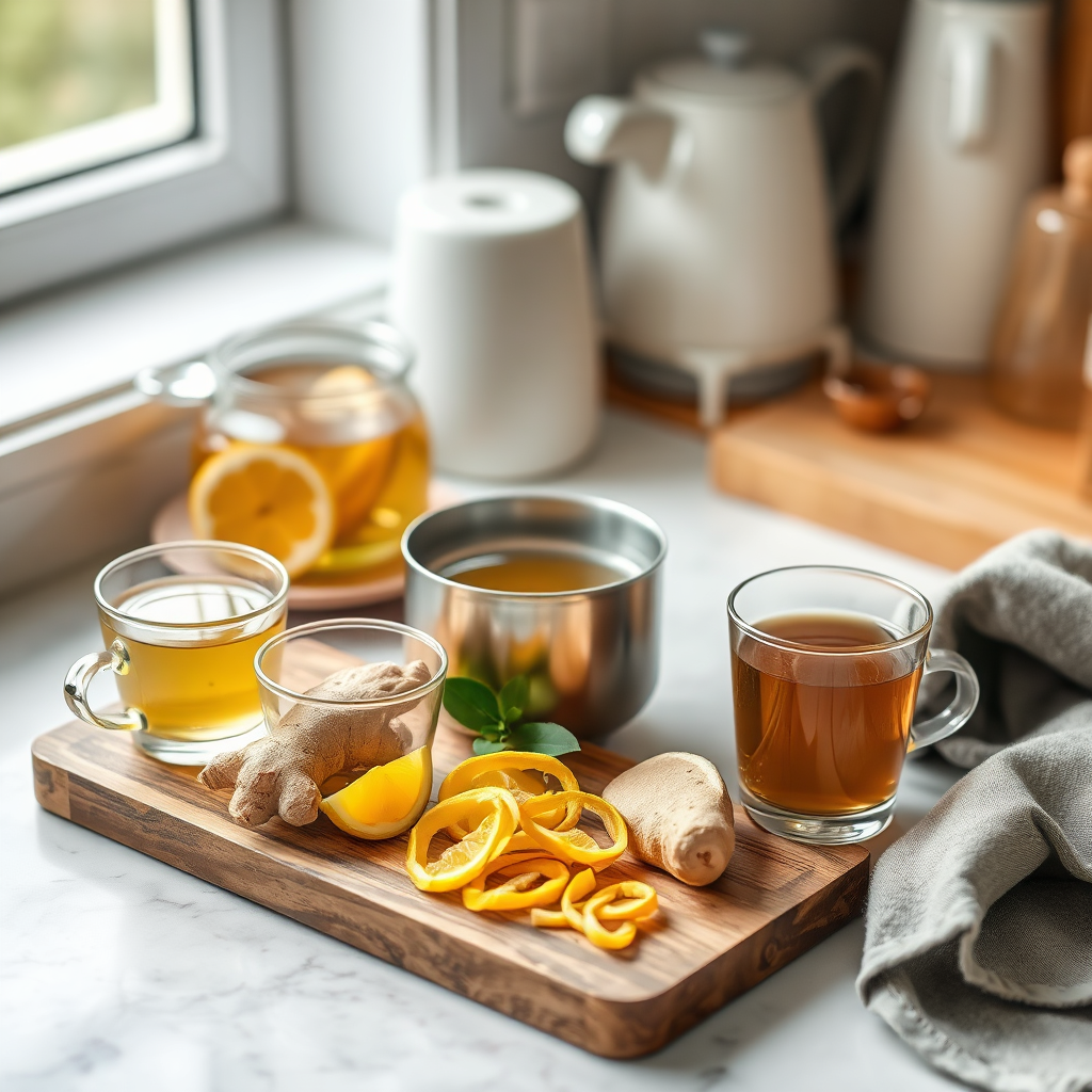 Brewing ritual scene with ginger, citrus, and tea setup