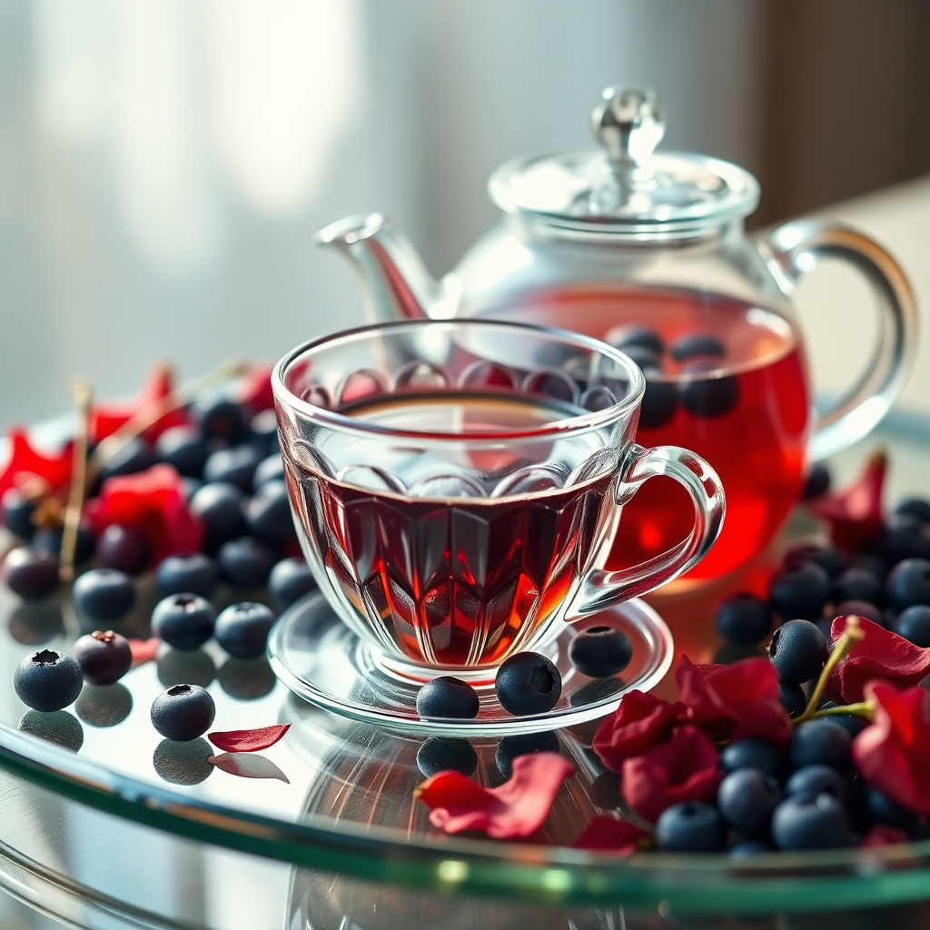 Luxurious glass teaware surrounded by berries