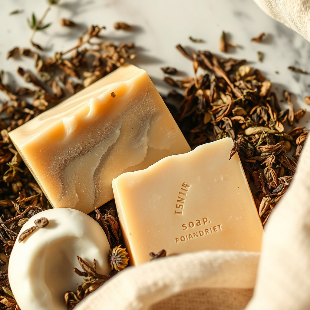 Close-up luxury soaps with herbs and tea