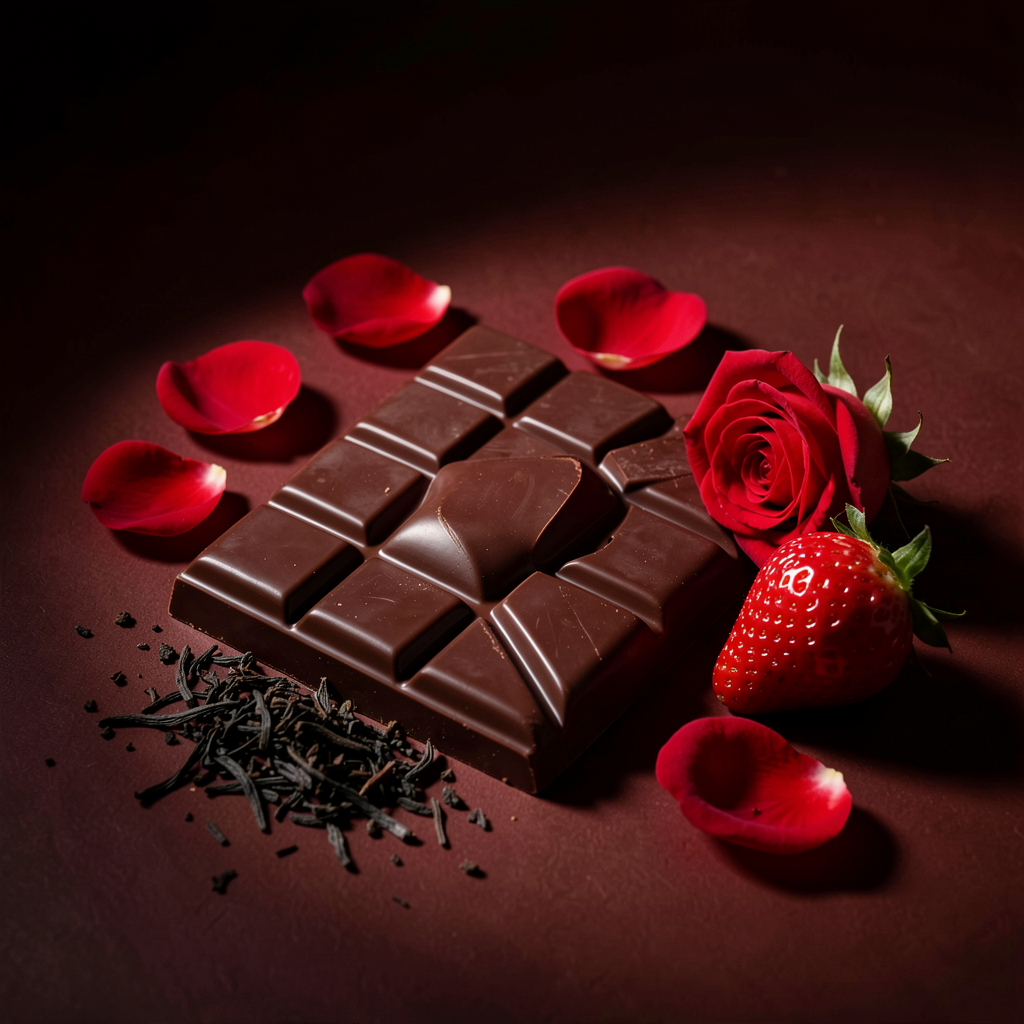 Chocolate love editorial centerpiece with chocolate, strawberries, and rose petals