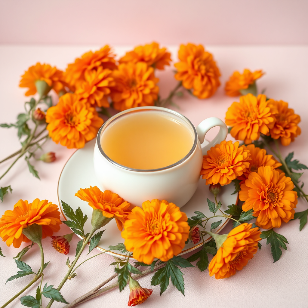 Marigold flowers and tea