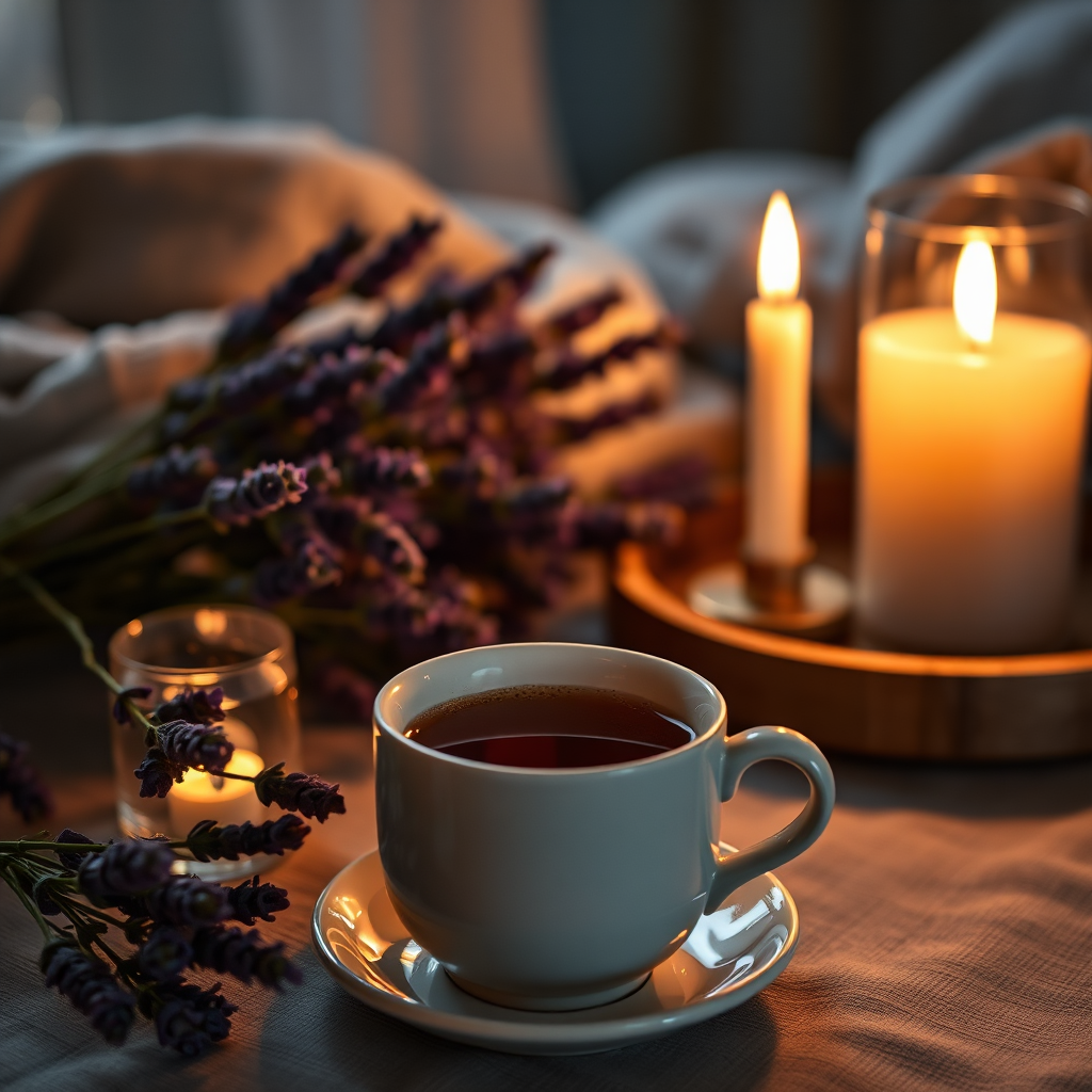 Night tea scene with lavender