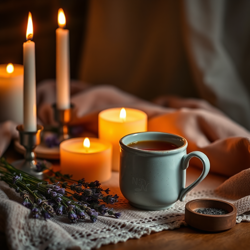 Night tea with lavender and candlelight