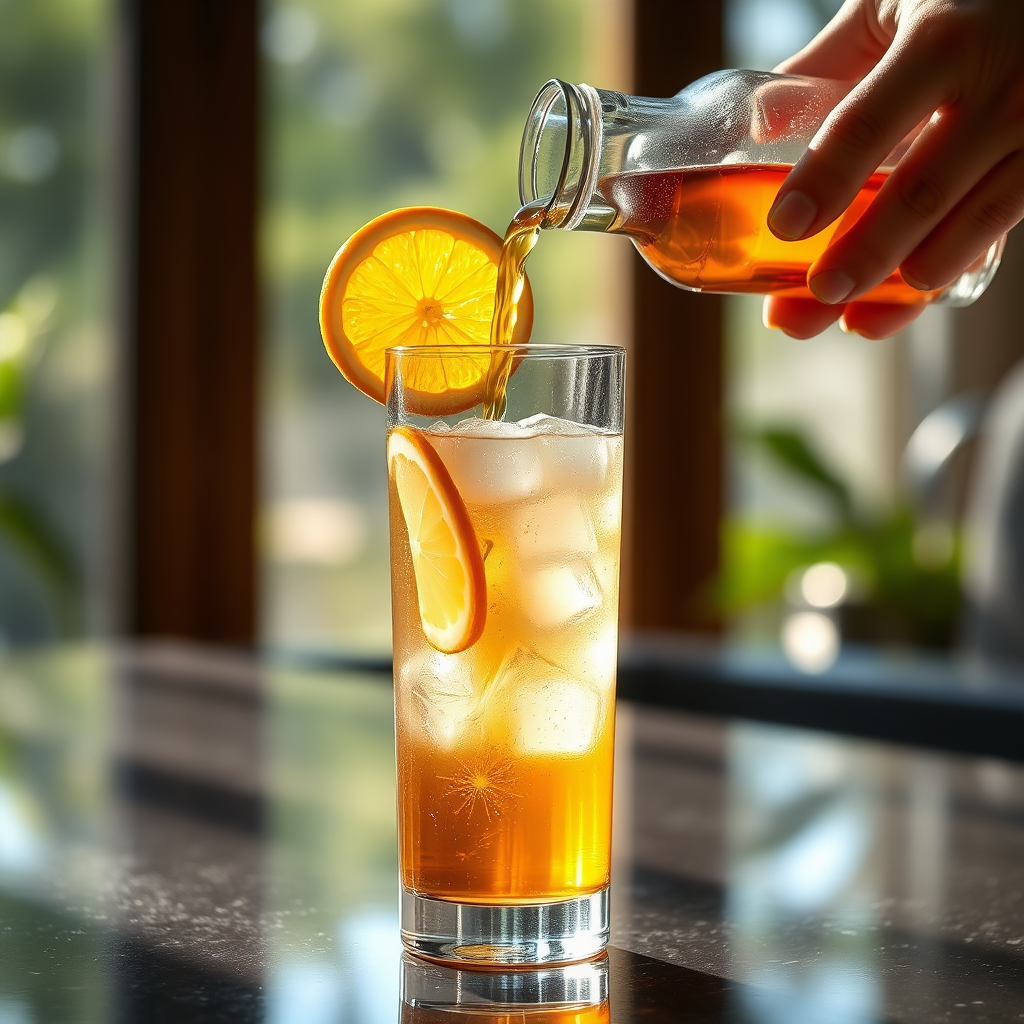 Iced tea pouring with citrus garnish