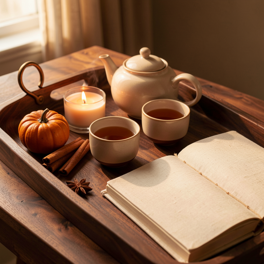 Autumn tea ritual tray with teapot, candle and journal