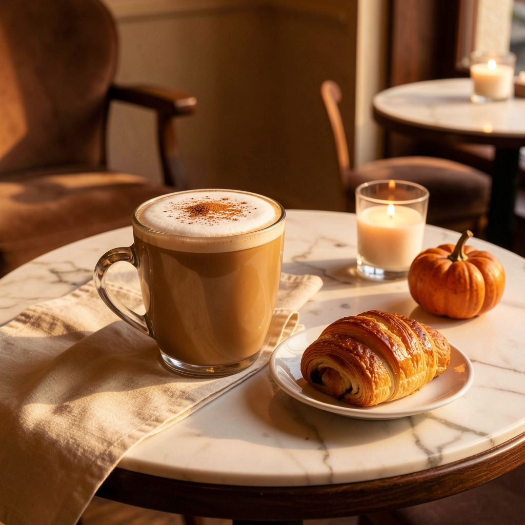 Pumpkin spice tea latte in a cozy café setting