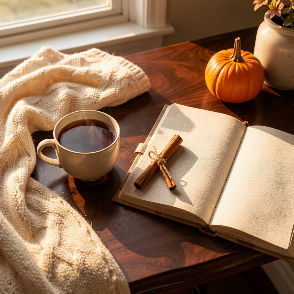 Warming morning tea at a sunlit desk