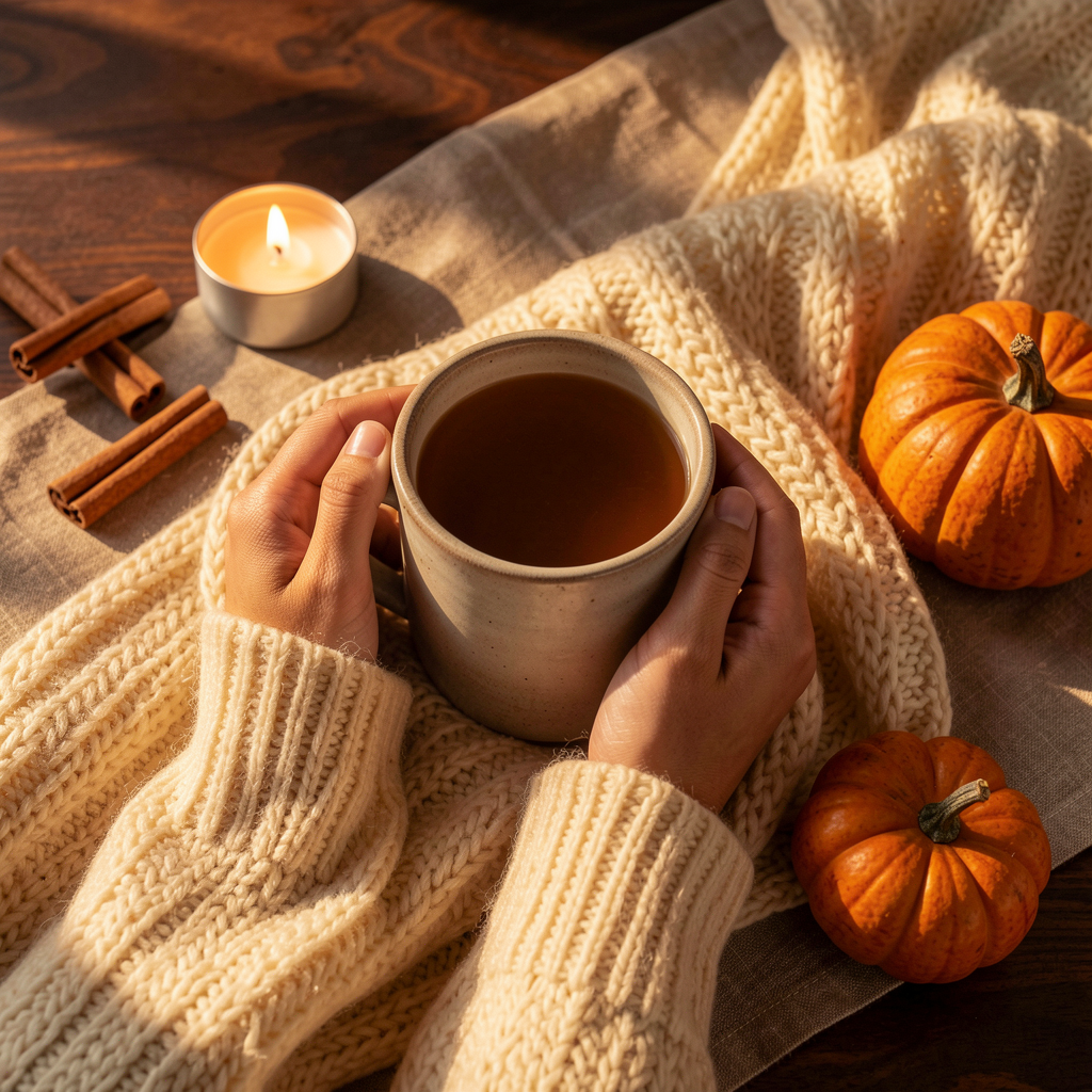Hands holding a warm cup of tea in a cozy blanket
