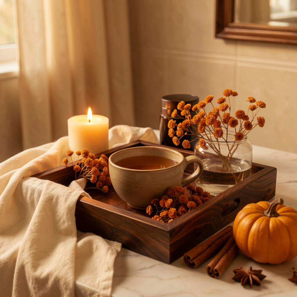 Candlelit autumn self-care moment with tea