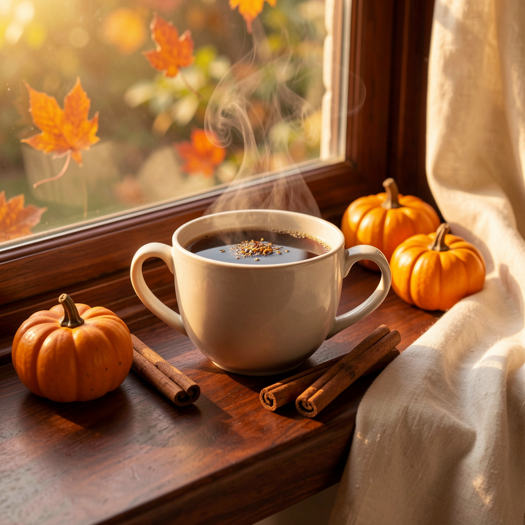 Seasonal comfort tea ritual by an autumn window