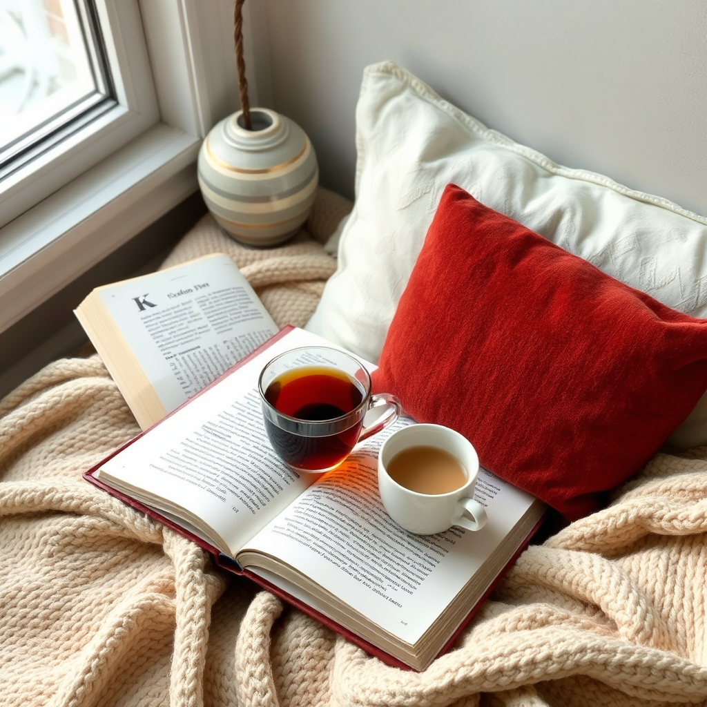Relaxed reading nook with tea and soft textiles