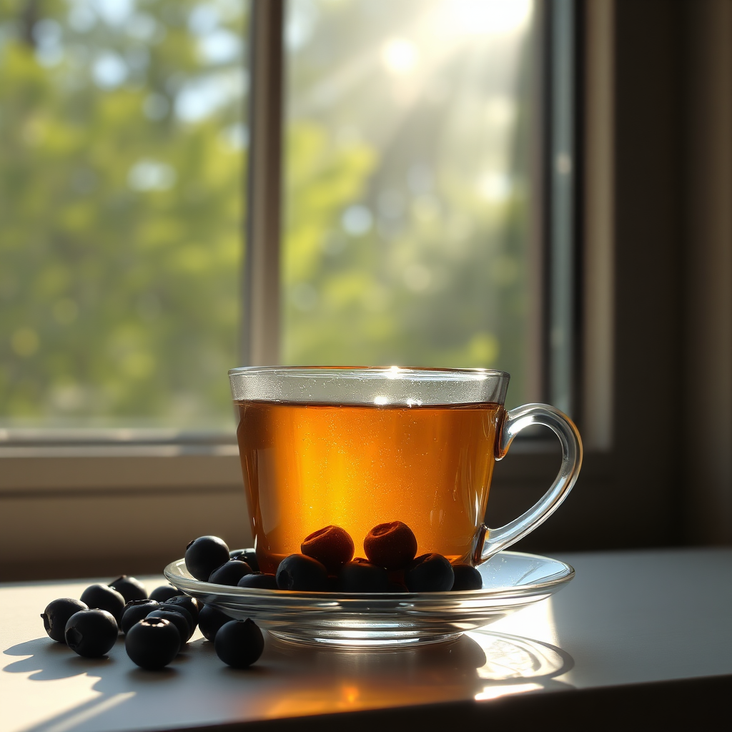 Tea with berries in sunlight