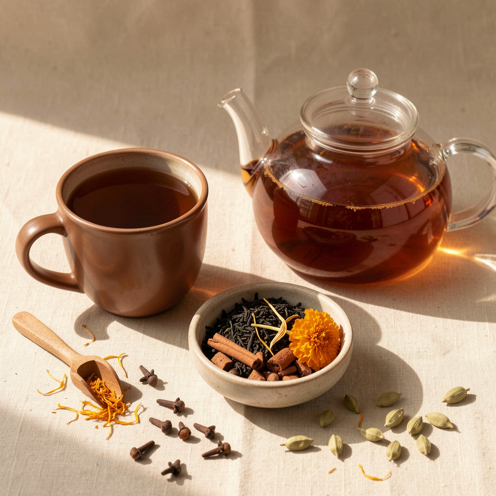 Brewing Pumpkin Charm black tea with its loose spice blend
